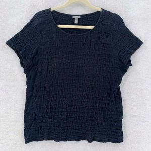 J Jill Top Womens Large‎ Elastic All Over Smocked Black Blouse